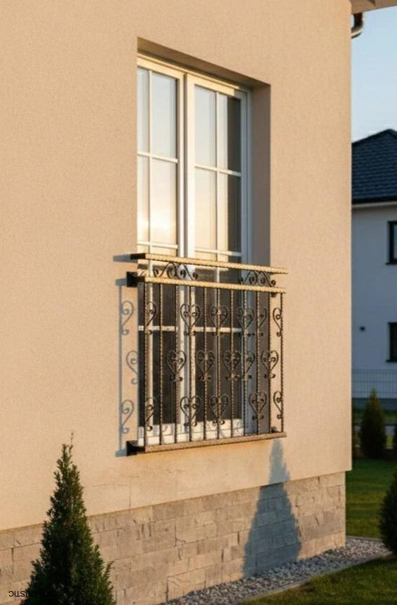 Zábradlie so srdiečkami na úzkom okne, pohľad zboku