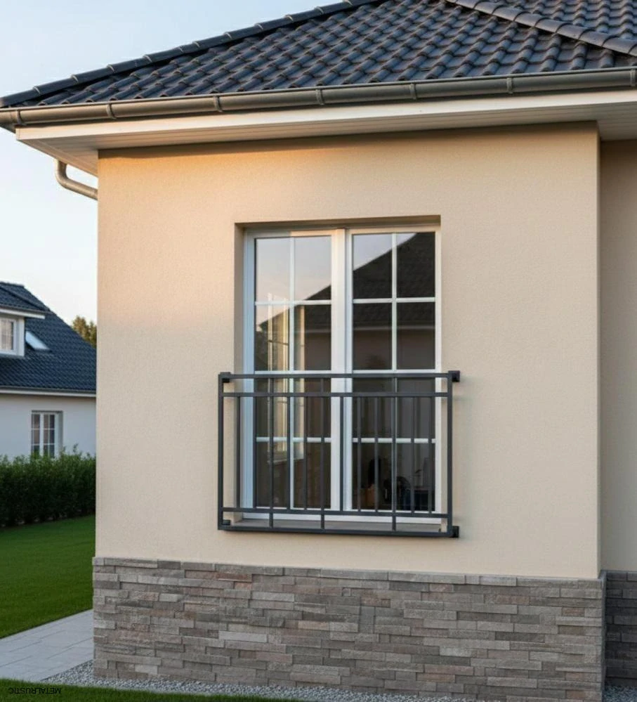 Moderný francúzsky balkón s geometrickým rámom na okne svetlého domu