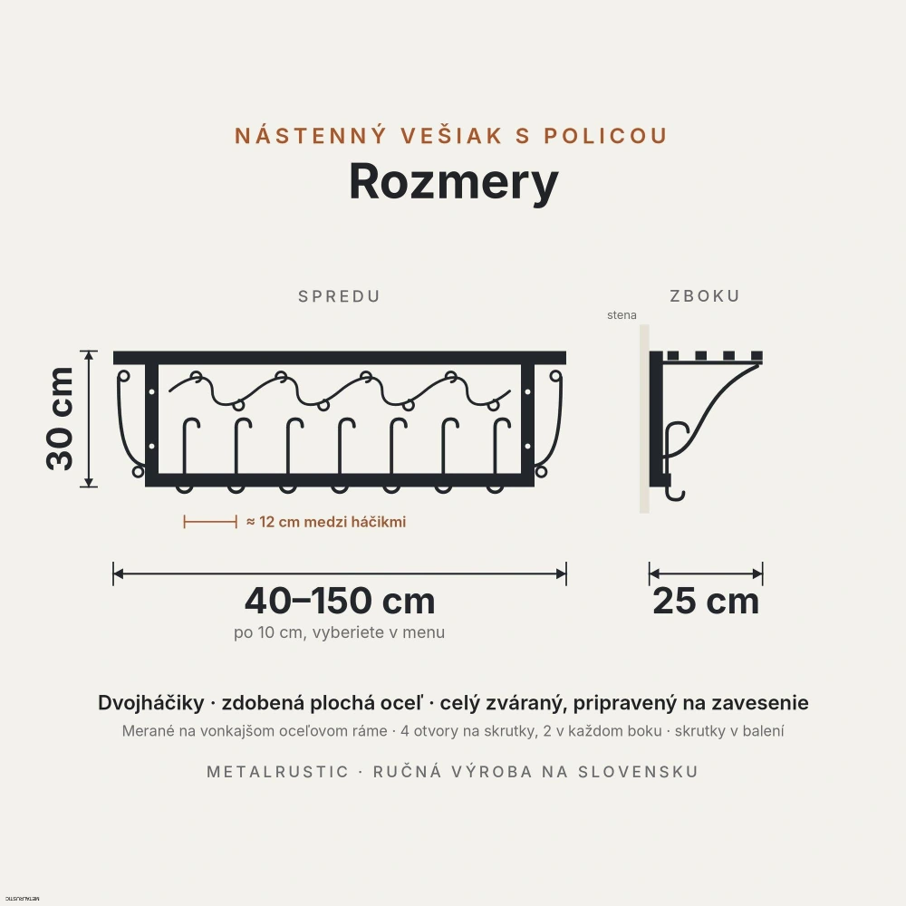 Rozmery vešiaka s policou: dĺžka 40–150 cm po 10 cm, výška 30 cm, hĺbka 25 cm, dvojháčiky zhruba každých 12 cm, merané na vonkajšom oceľovom ráme