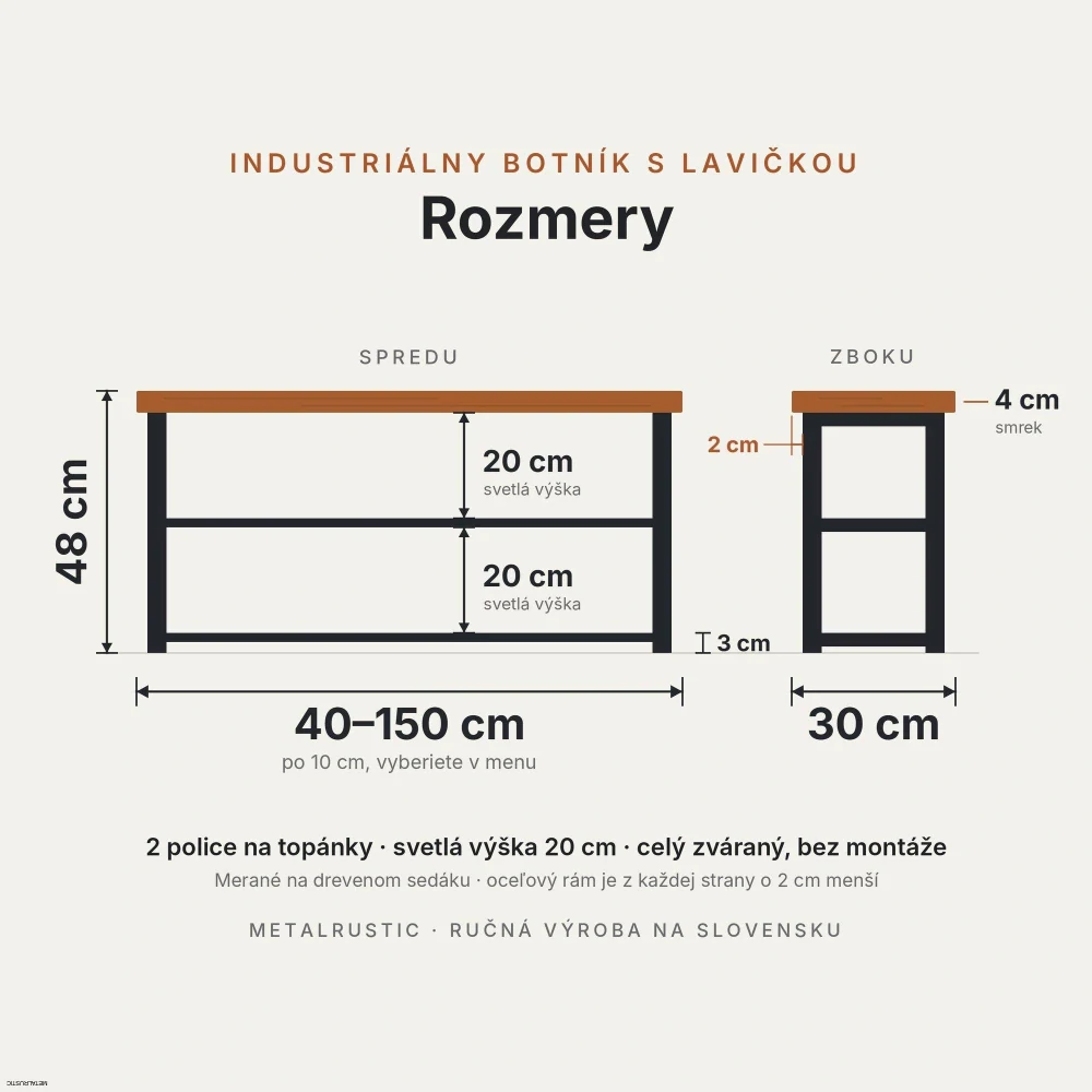 Rozmery botníka s lavičkou: dĺžka 40–150 cm, výška 48 cm, hĺbka 30 cm, police 20 cm