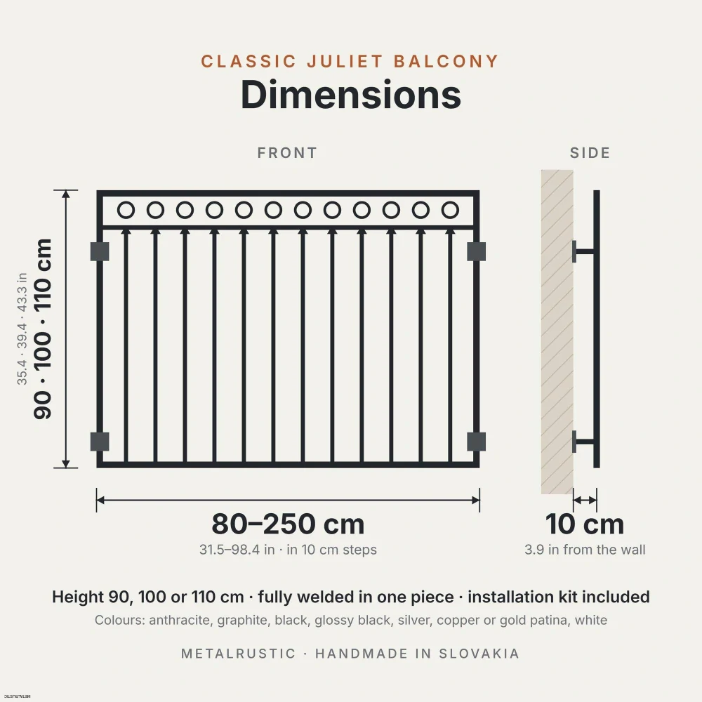 Rozmery klasického francúzskeho balkóna: dĺžka 80–250 cm, výška 90, 100 alebo 110 cm, 10 cm od steny