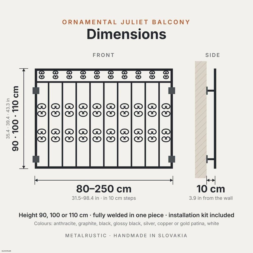 Rozmery ozdobného francúzskeho balkóna: dĺžka 80–250 cm, výška 90, 100 alebo 110 cm, 10 cm od steny