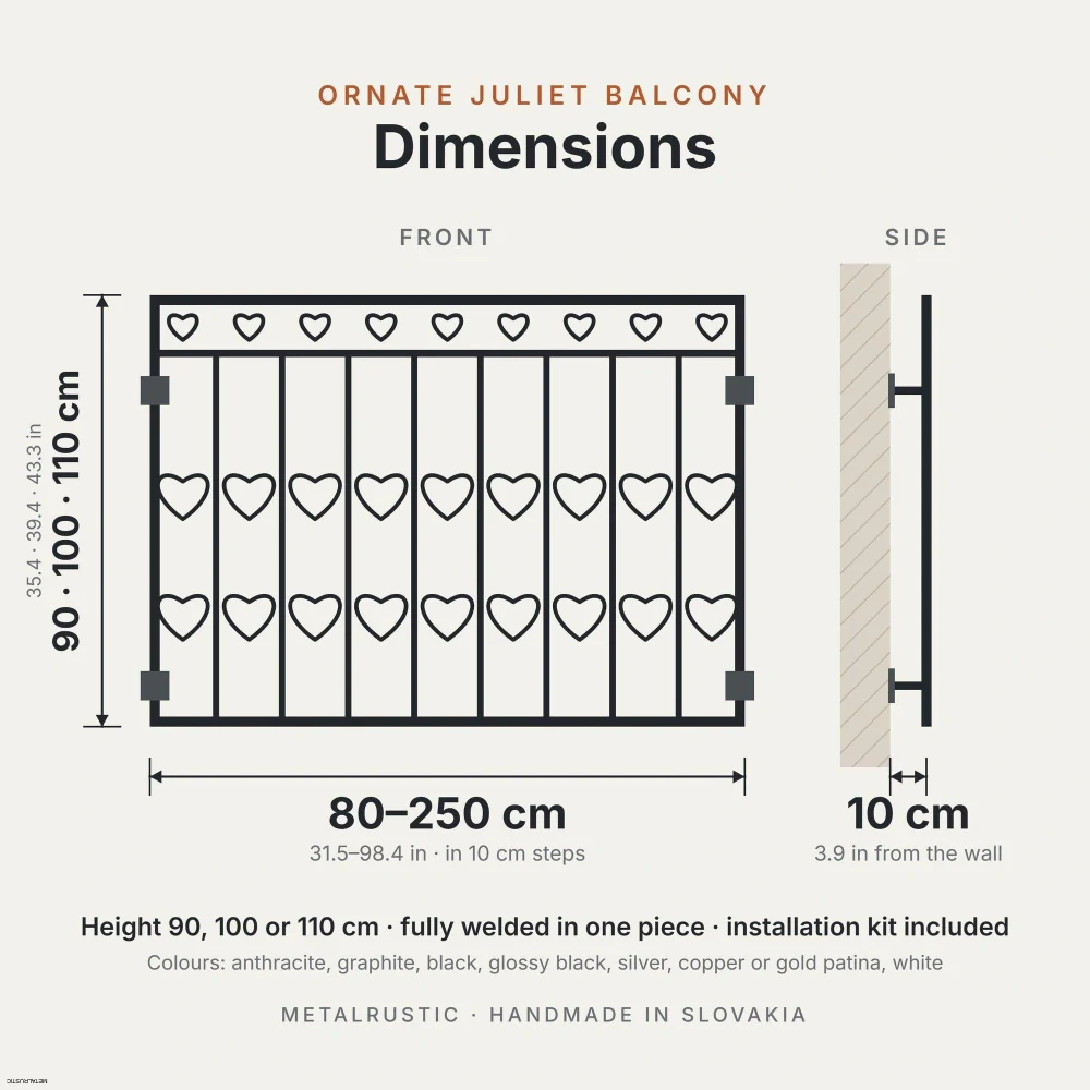 Rozmery francúzskeho balkóna so srdiečkami: dĺžka 80–250 cm, výška 90, 100 alebo 110 cm, 10 cm od steny