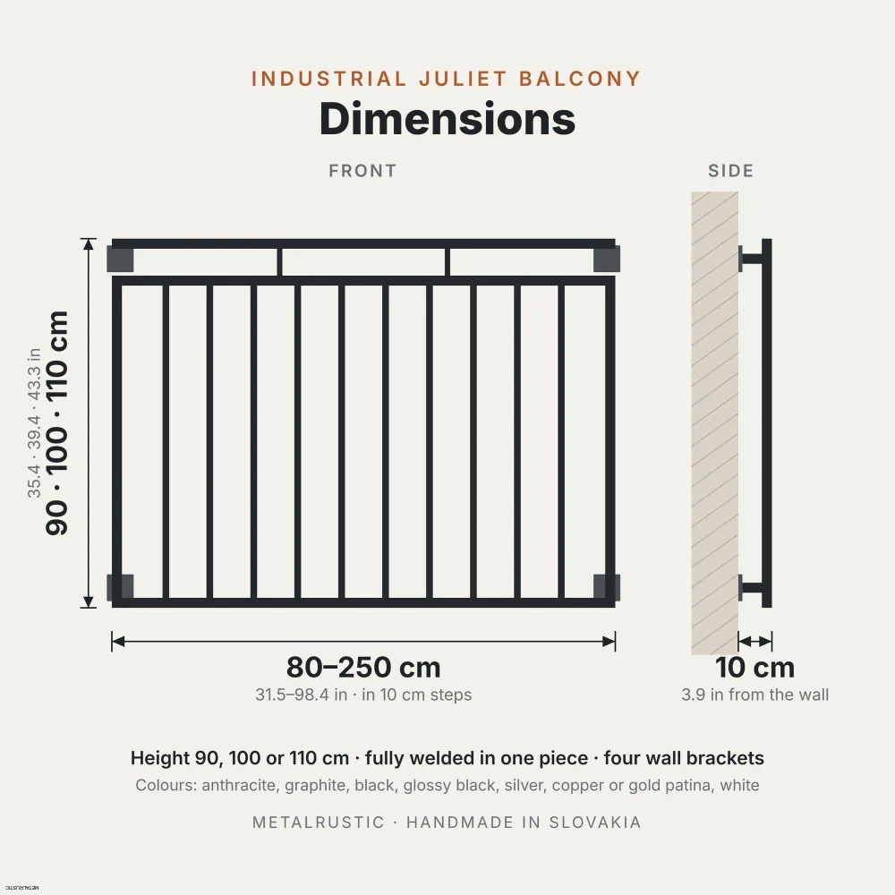 Rozmery moderného francúzskeho balkóna: dĺžka 80–250 cm, výška 90, 100 alebo 110 cm, 10 cm od steny