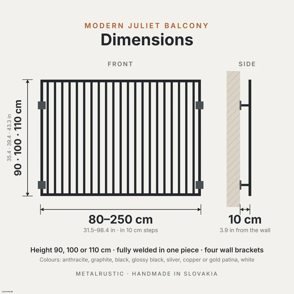Rozmery francúzskeho balkóna so zvislými lamelami: dĺžka 80–250 cm, výška 90, 100 alebo 110 cm, 10 cm od steny