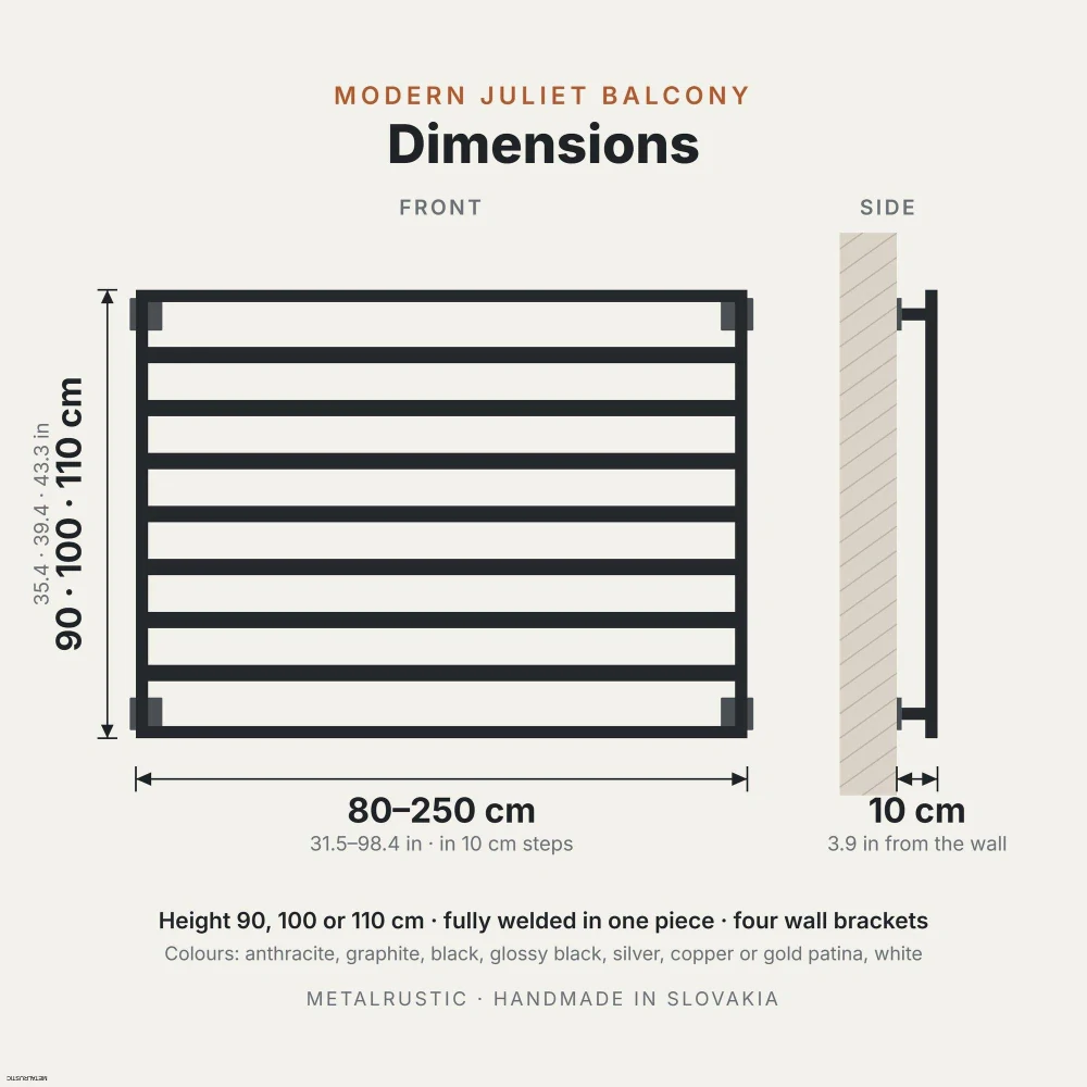 Rozmery francúzskeho balkóna s vodorovnými lamelami: dĺžka 80–250 cm, výška 90, 100 alebo 110 cm, 10 cm od steny