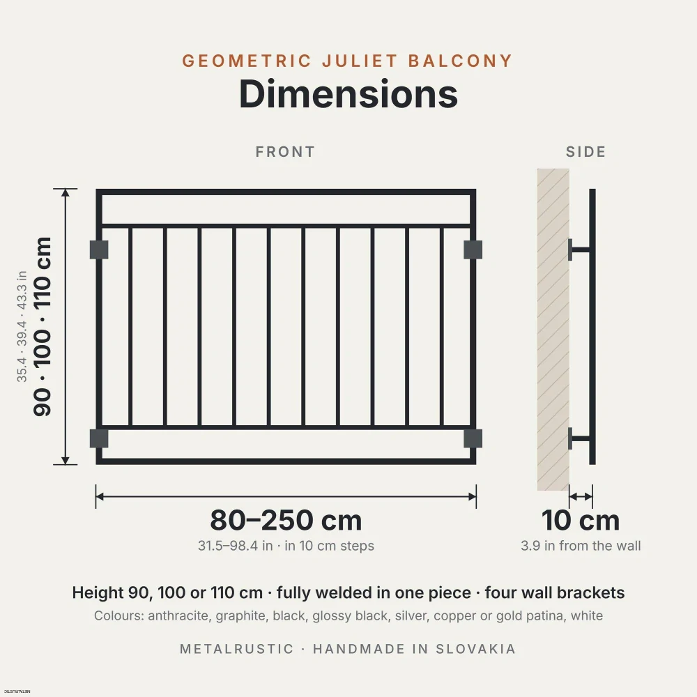 Rozmery geometrického francúzskeho balkóna: dĺžka 80–250 cm, výška 90, 100 alebo 110 cm, 10 cm od steny