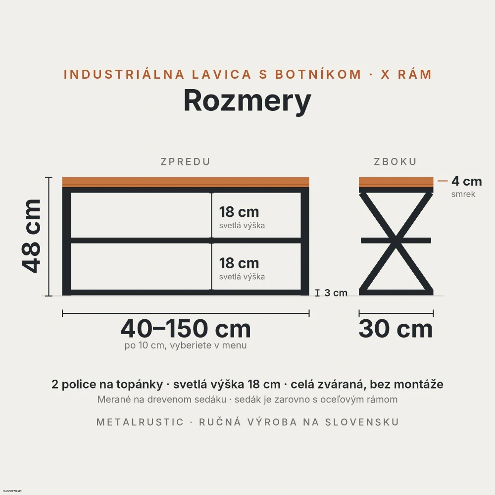 Rozmery lavice s botníkom: dĺžka 40–150 cm, výška 48 cm, hĺbka 30 cm, police 18 cm