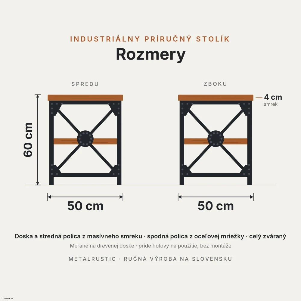 Rozmery príručného stolíka: výška 60 cm, doska z masívneho smreku 50 × 50 cm hrubá 4 cm, merané na drevenej doske