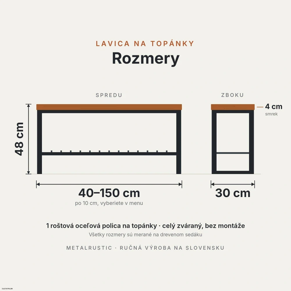 Rozmery lavice na topánky: dĺžka 40–150 cm po 10 cm, výška 48 cm, hĺbka 30 cm, sedák zo smreku hrubý 4 cm