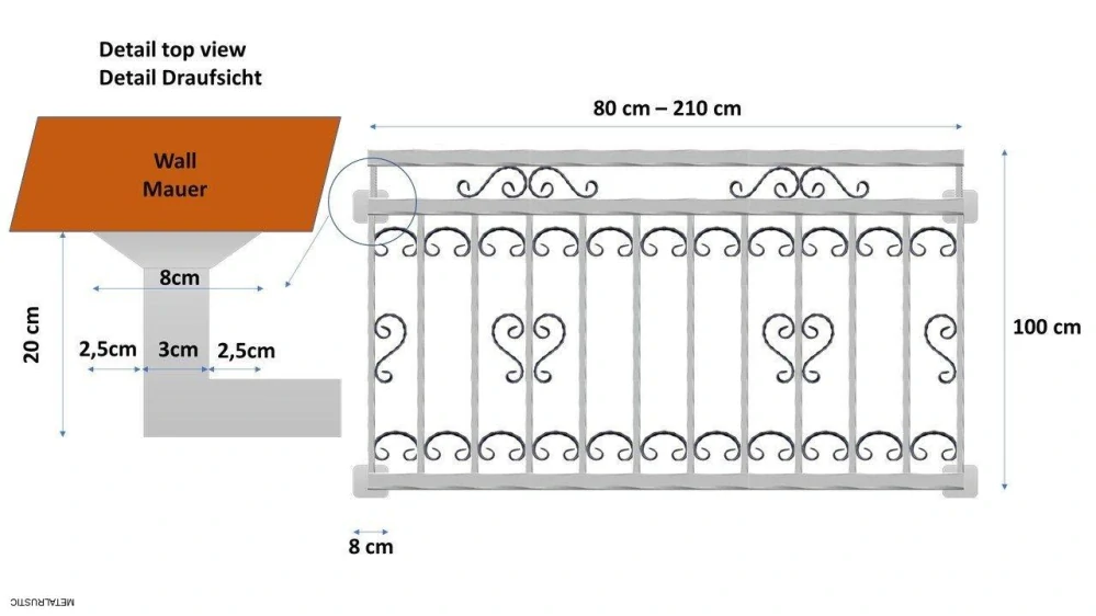 Nákres francúzskeho balkóna – hĺbka od steny a výška zábradlia